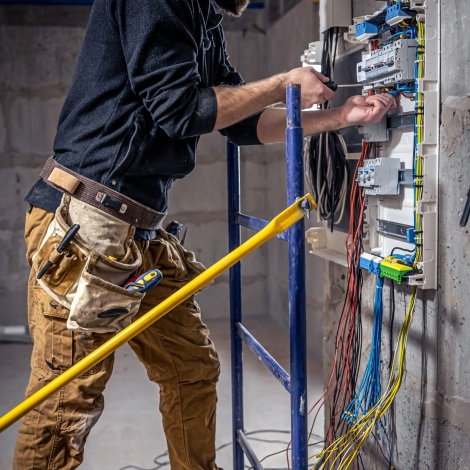 A male electrician works in a switchboard with an electrical connecting cable, connects the equipment with tools.
