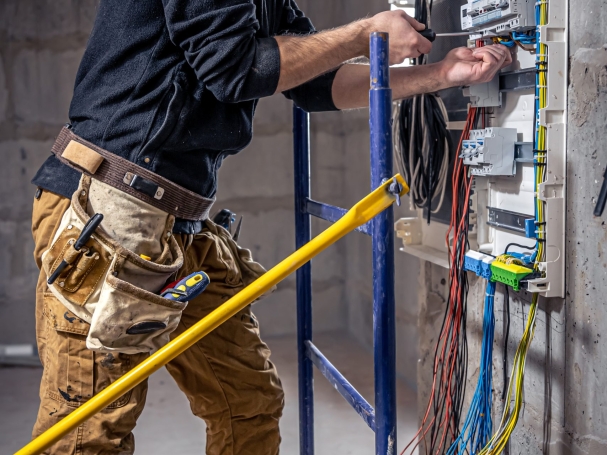 A male electrician works in a switchboard with an electrical connecting cable, connects the equipment with tools.